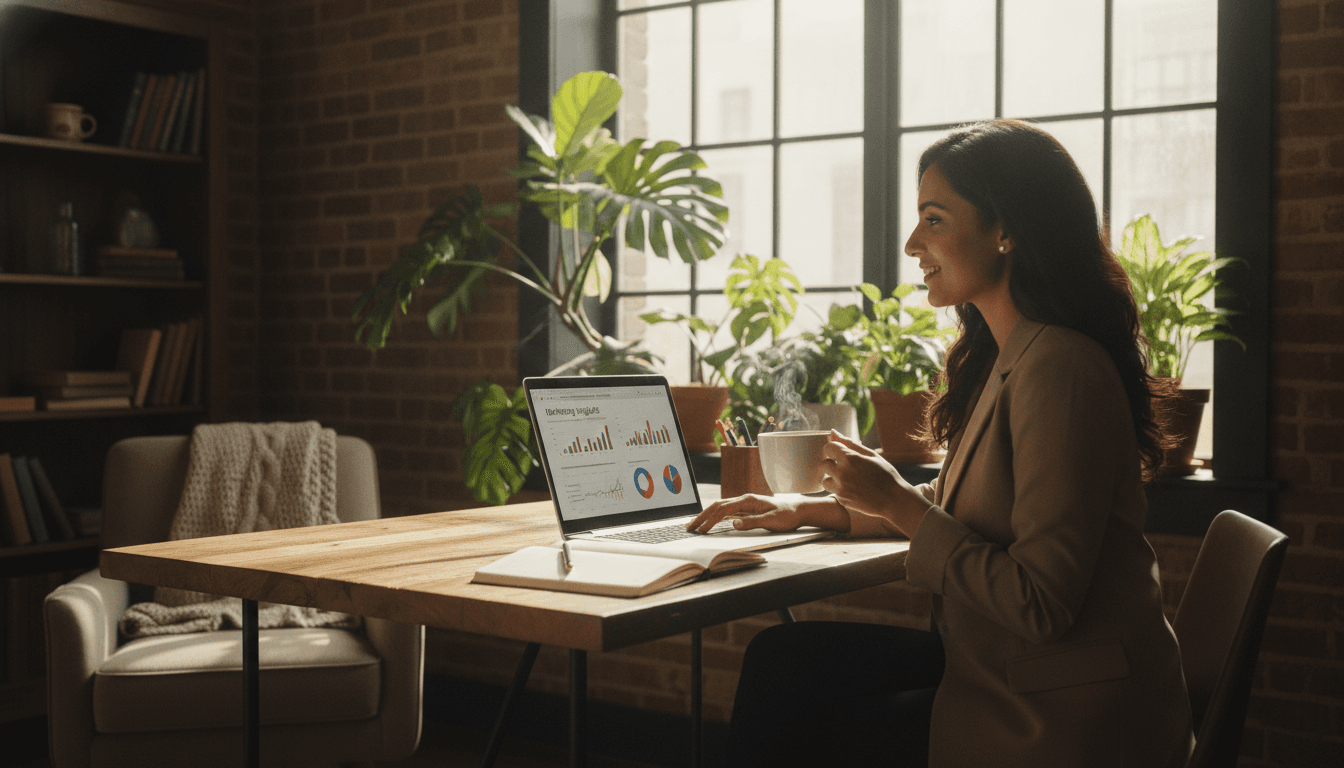 A local business owner reading marketing insights at a sunlit desk
