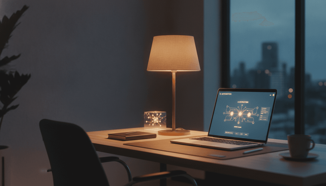 A calm modern back office where AI quietly handles a small business's bookings, leads and admin