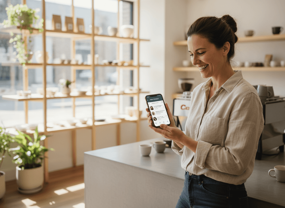 A local business owner smiling at new customer enquiries on her phone in her shop