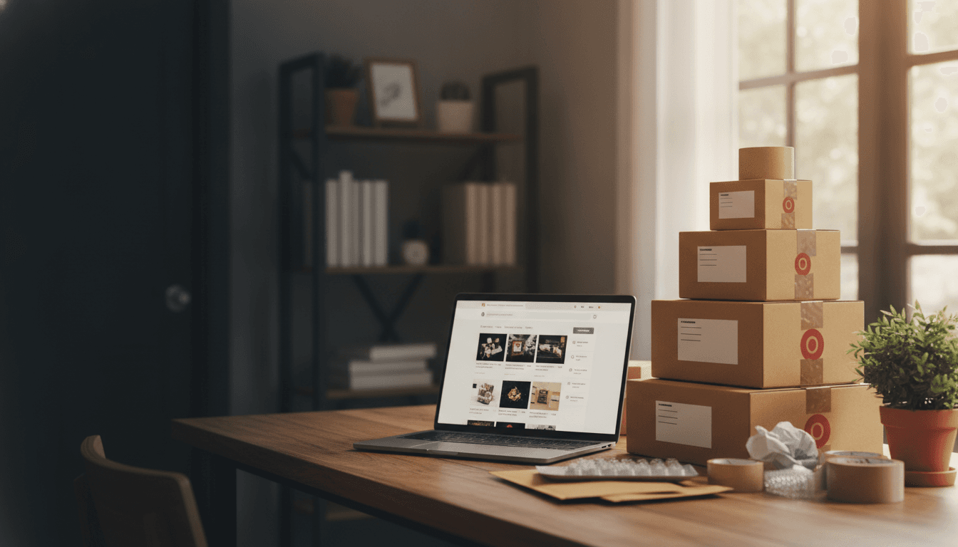 A small business online store on a laptop with parcels ready to ship