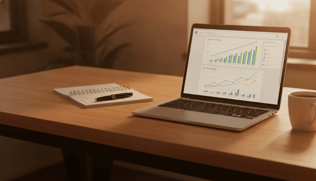 A laptop showing marketing analytics with rising performance graphs