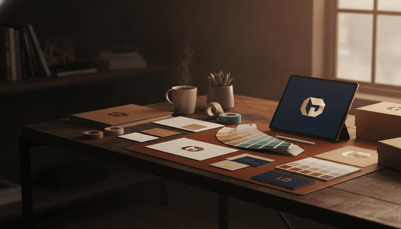 A designer's workspace with a polished logo and brand colours